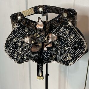 Mary Frances Black and greys Clutch - unique design - intricate beading and flor